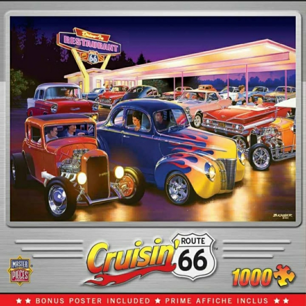 1000 piece Cruising Route 66 jigsaw puzzle. "Friday Night Hot Rods."